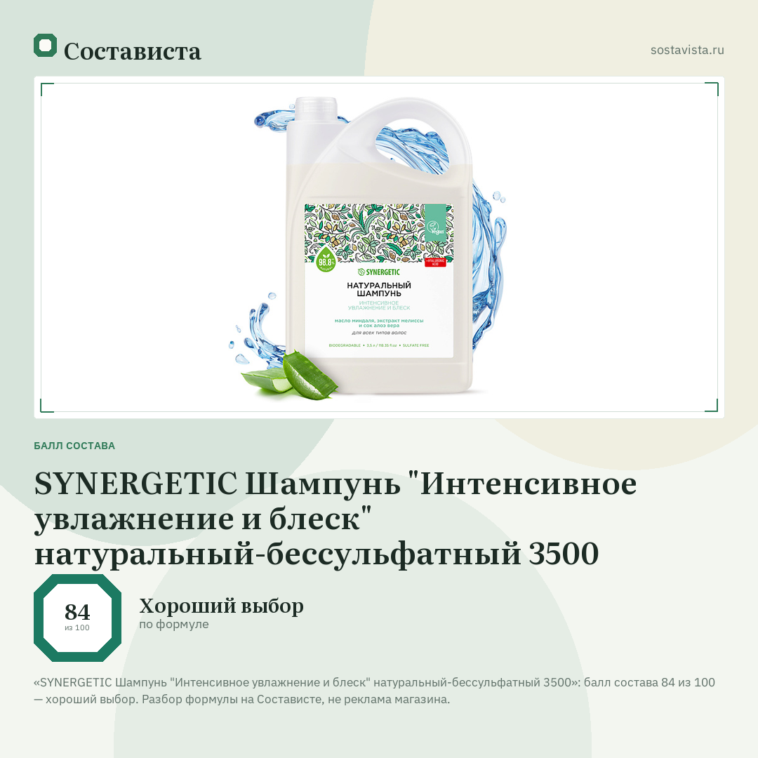 SYNERGETIC Шампунь "Интенсивное увлажнение и блеск" натуральный-бессульфатный 3500: балл состава 84 из 100 — Состависта
