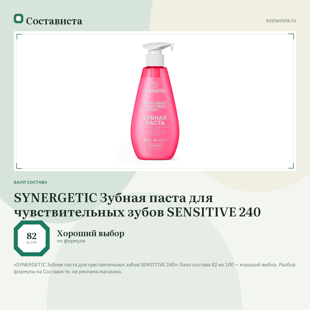 SYNERGETIC Зубная паста для чувствительных зубов SENSITIVE 240: балл состава 82 из 100 — Состависта