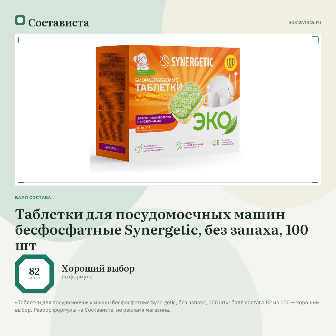 Таблетки для посудомоечных машин бесфосфатные Synergetic, без запаха, 100 шт: балл состава 82 из 100 — Состависта