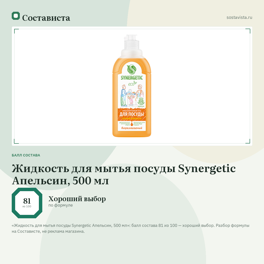 Жидкость для мытья посуды Synergetic Апельсин, 500 мл: балл состава 81 из 100 — Состависта