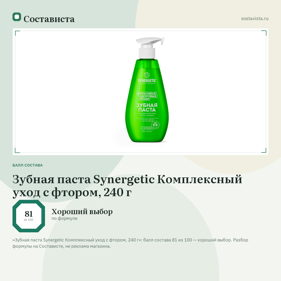 Зубная паста Synergetic Комплексный уход с фтором, 240 г: балл состава 81 из 100 — Состависта