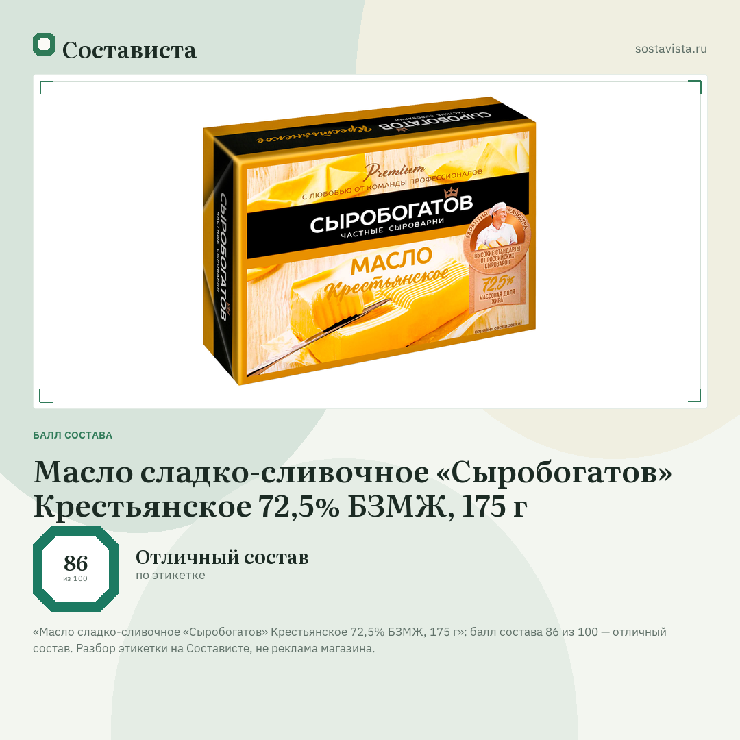 Масло сладко-сливочное «Сыробогатов» Крестьянское 72,5% БЗМЖ, 175 г: балл состава 86 из 100 — Состависта