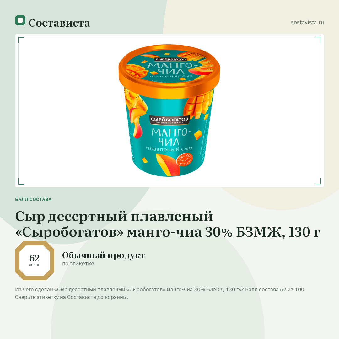Сыр десертный плавленый «Сыробогатов» манго-чиа 30% БЗМЖ, 130 г: балл состава 62 из 100 — Состависта