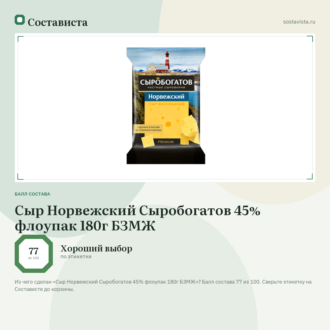 Сыр Норвежский Сыробогатов 45% флоупак 180г БЗМЖ: балл состава 77 из 100 — Состависта
