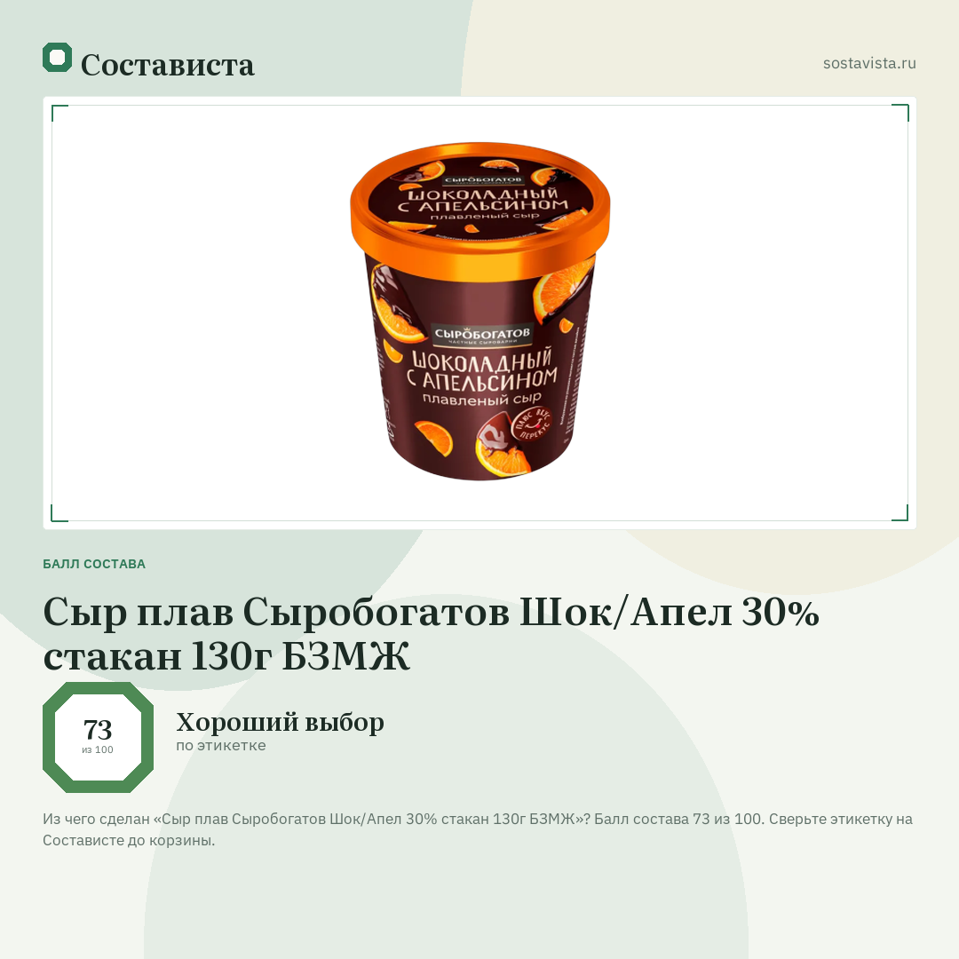 Сыр плав Сыробогатов Шок/Апел 30% стакан 130г БЗМЖ: балл состава 73 из 100 — Состависта