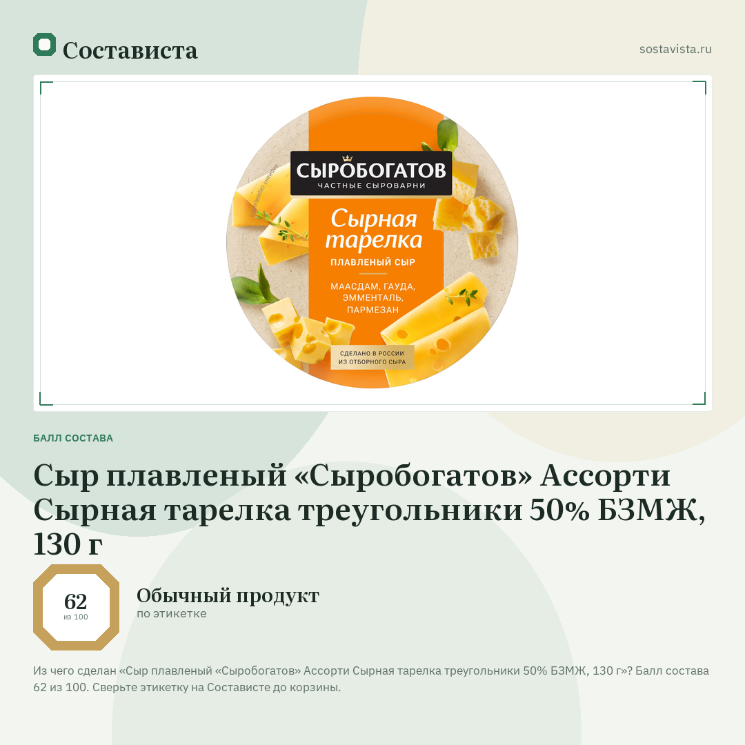 Сыр плавленый «Сыробогатов» Ассорти Сырная тарелка треугольники 50% БЗМЖ, 130 г: балл состава 62 из 100 — Состависта