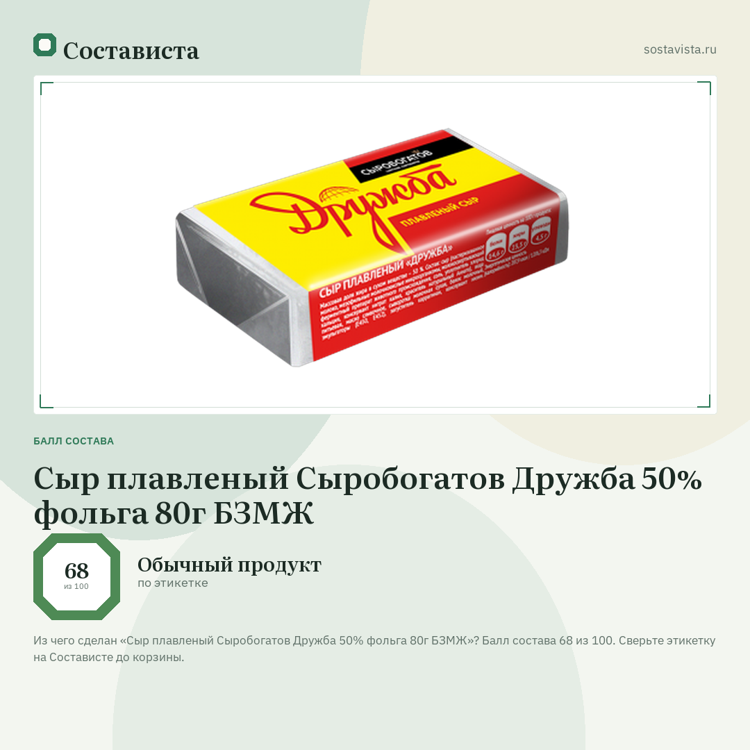 Сыр плавленый Сыробогатов Дружба 50% фольга 80г БЗМЖ: балл состава 68 из 100 — Состависта