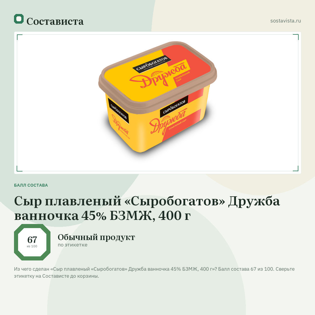 Сыр плавленый «Сыробогатов» Дружба ванночка 45% БЗМЖ, 400 г: балл состава 67 из 100 — Состависта