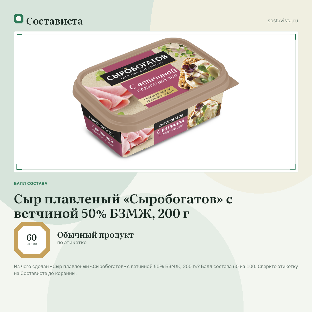 Сыр плавленый «Сыробогатов» с ветчиной 50% БЗМЖ, 200 г: балл состава 60 из 100 — Состависта