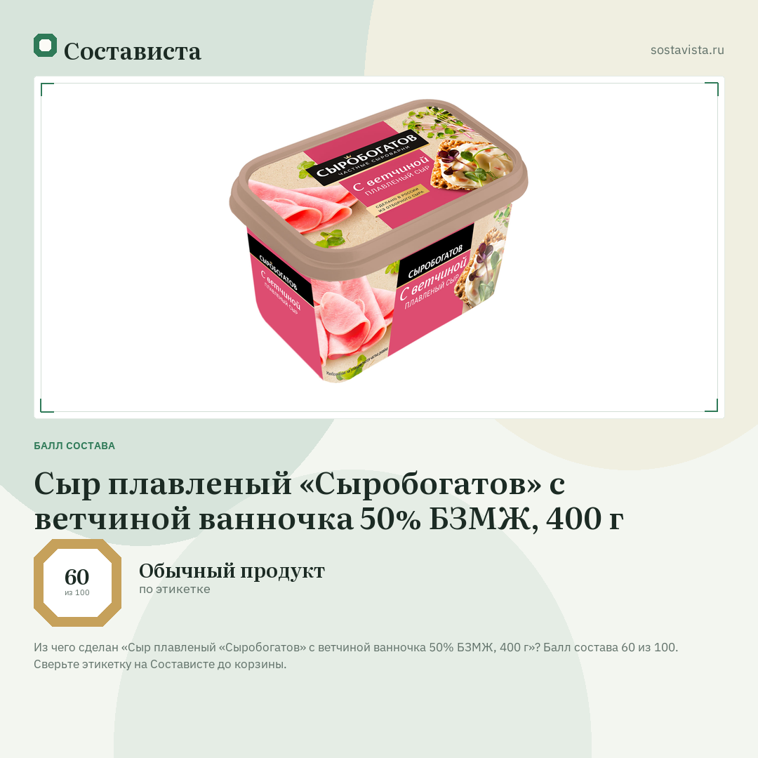 Сыр плавленый «Сыробогатов» с ветчиной ванночка 50% БЗМЖ, 400 г: балл состава 60 из 100 — Состависта