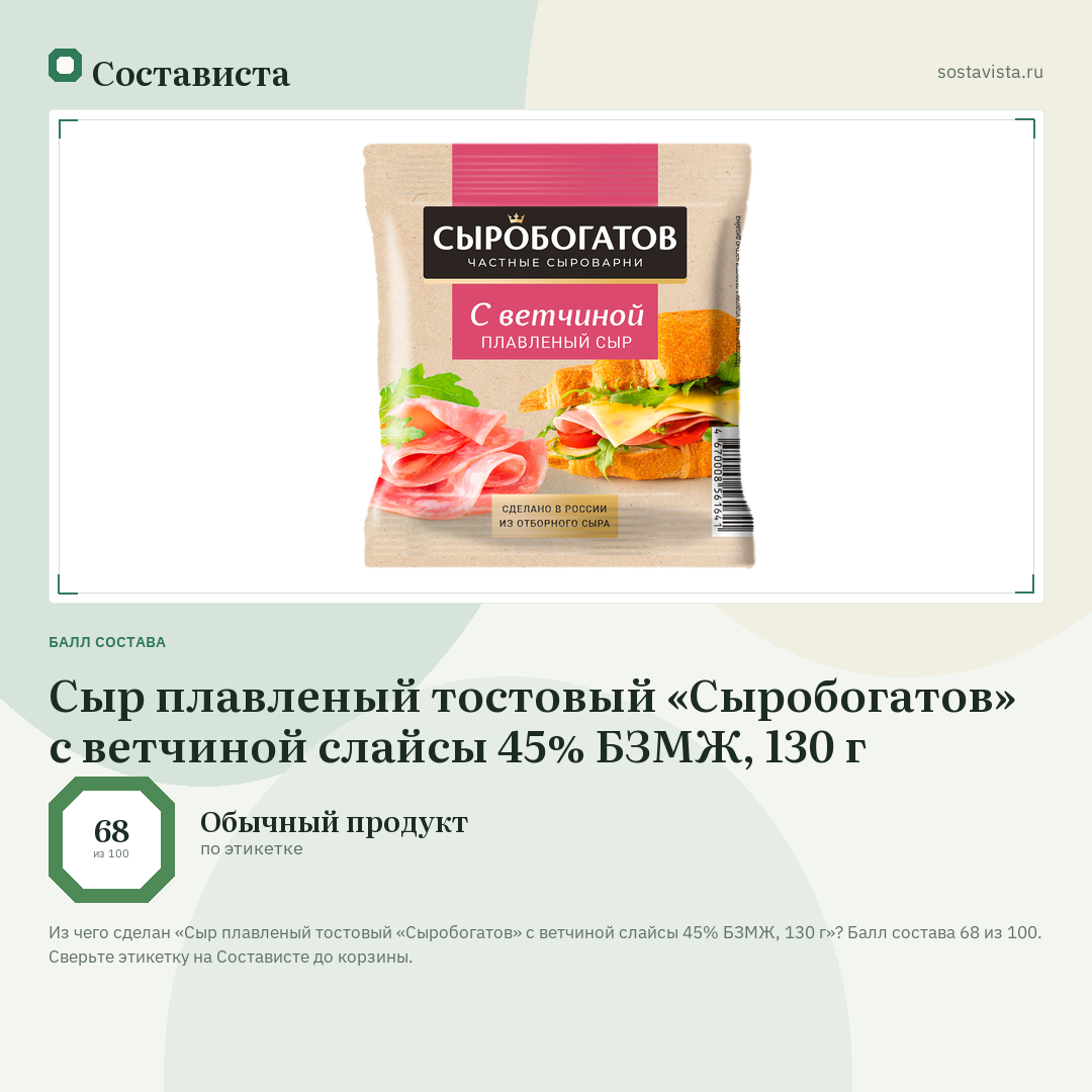 Сыр плавленый тостовый «Сыробогатов» с ветчиной слайсы 45% БЗМЖ, 130 г: балл состава 68 из 100 — Состависта