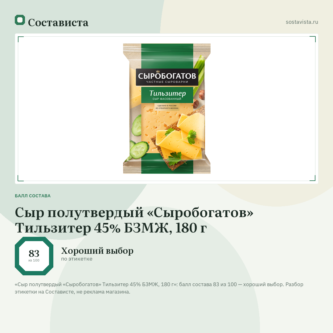 Сыр полутвердый «Сыробогатов» Тильзитер 45% БЗМЖ, 180 г: балл состава 83 из 100 — Состависта
