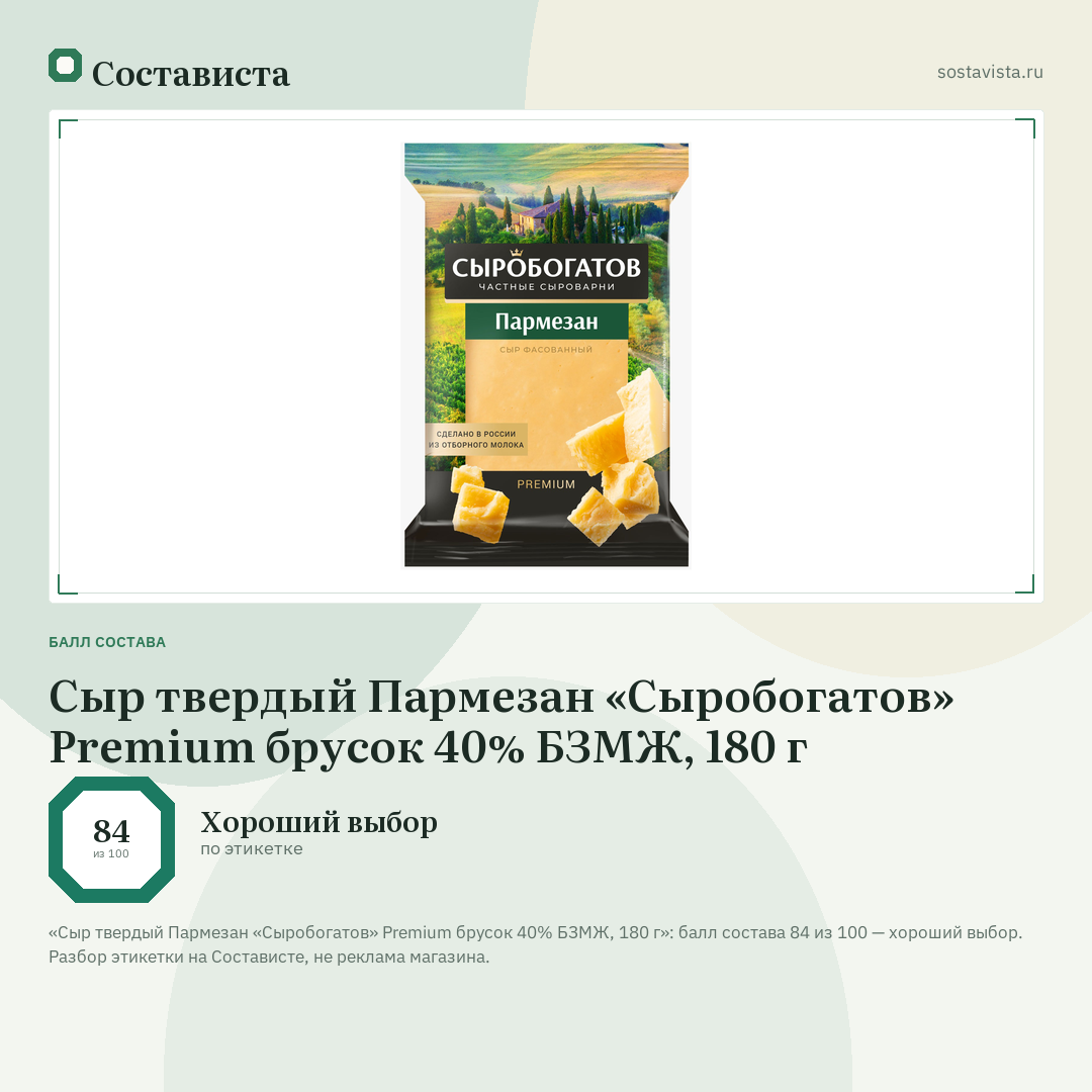 Сыр твердый Пармезан «Сыробогатов» Premium брусок 40% БЗМЖ, 180 г: балл состава 84 из 100 — Состависта