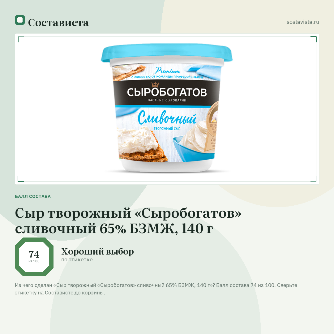 Сыр творожный «Сыробогатов» сливочный 65% БЗМЖ, 140 г: балл состава 74 из 100 — Состависта