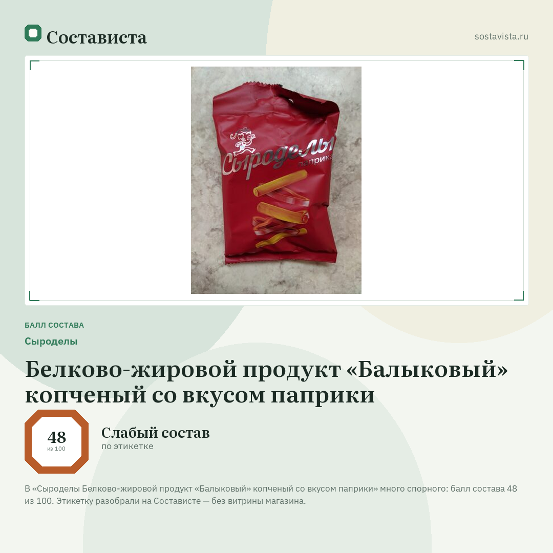Сыроделы Белково-жировой продукт «Балыковый» копченый со вкусом паприки: балл состава 48 из 100 — Состависта