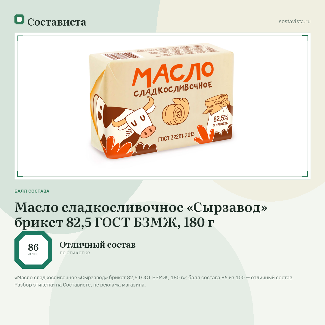Масло сладкосливочное «Сырзавод» брикет 82,5 ГОСТ БЗМЖ, 180 г: балл состава 86 из 100 — Состависта