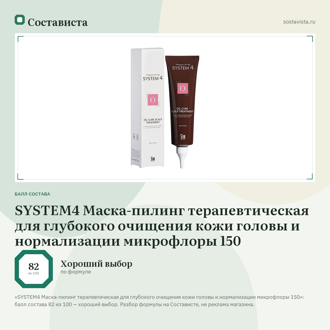 SYSTEM4 Маска-пилинг терапевтическая для глубокого очищения кожи головы и нормализации микрофлоры 150: балл состава 82 из 100 — Состависта