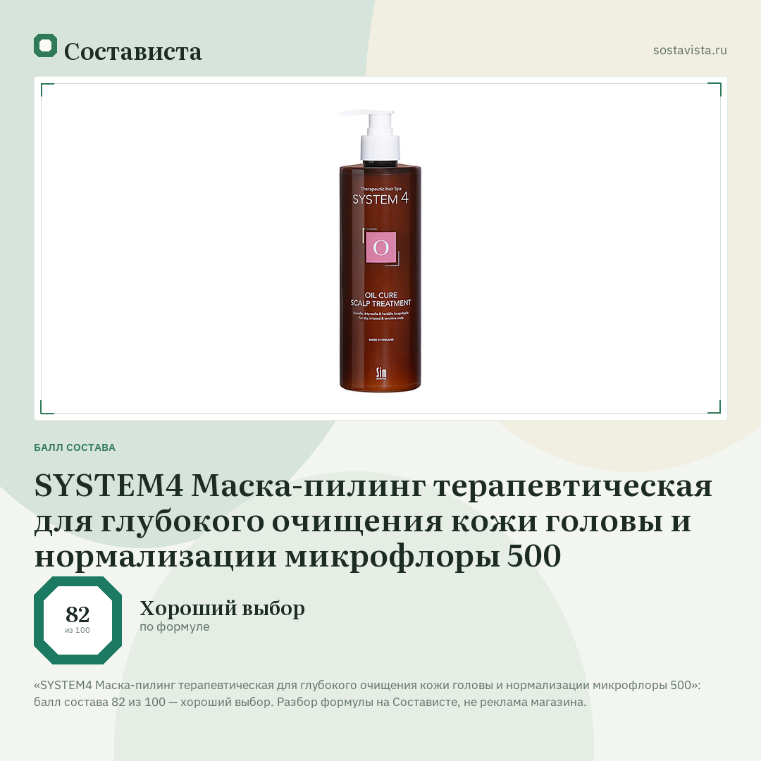 SYSTEM4 Маска-пилинг терапевтическая для глубокого очищения кожи головы и нормализации микрофлоры 500: балл состава 82 из 100 — Состависта