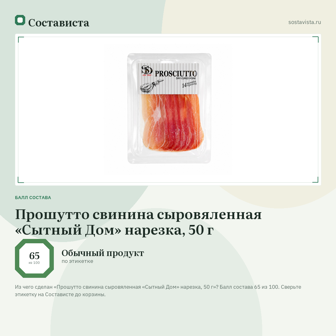 Прошутто свинина сыровяленная «Сытный Дом» нарезка, 50 г: балл состава 65 из 100 — Состависта