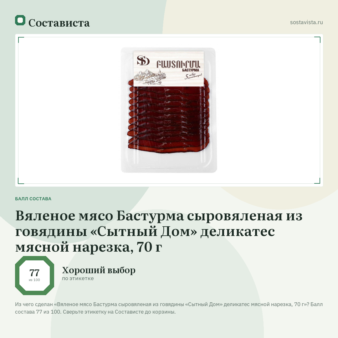 Вяленое мясо Бастурма сыровяленая из говядины «Сытный Дом» деликатес мясной нарезка, 70 г: балл состава 77 из 100 — Состависта