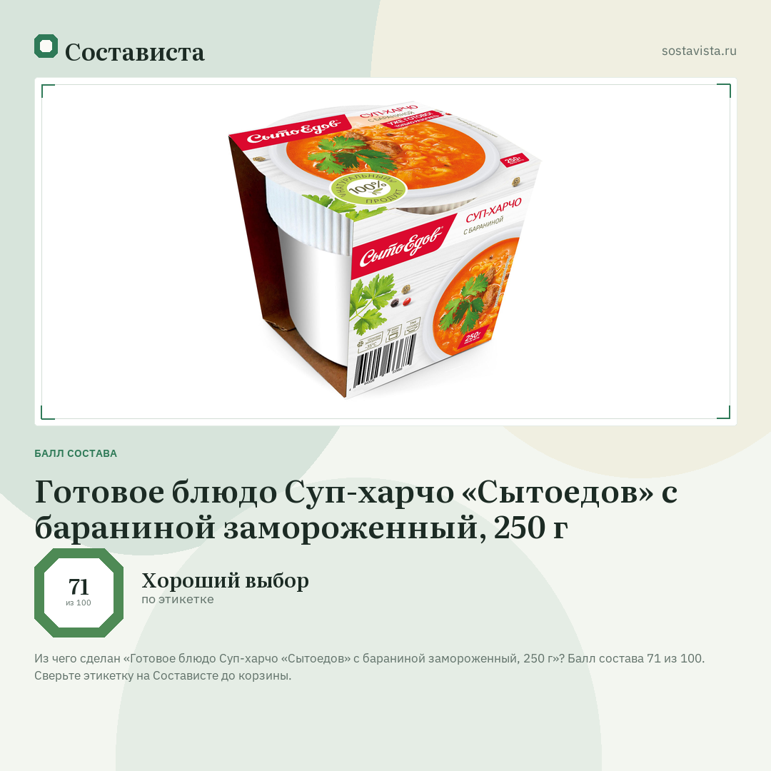 Готовое блюдо Суп-харчо «Сытоедов» с бараниной замороженный, 250 г: балл состава 71 из 100 — Состависта