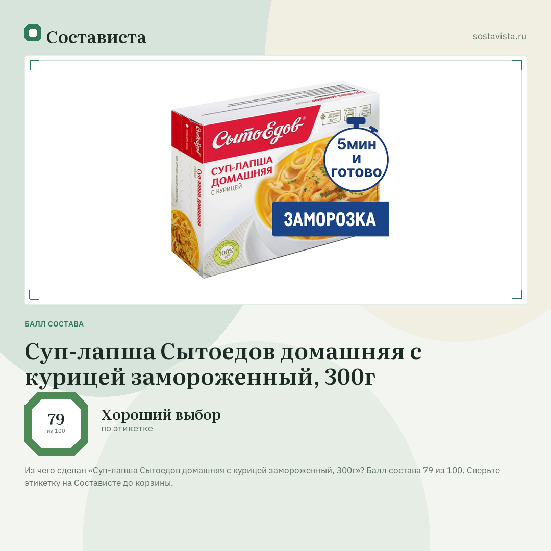 Суп-лапша Сытоедов домашняя с курицей замороженный, 300г: балл состава 79 из 100 — Состависта