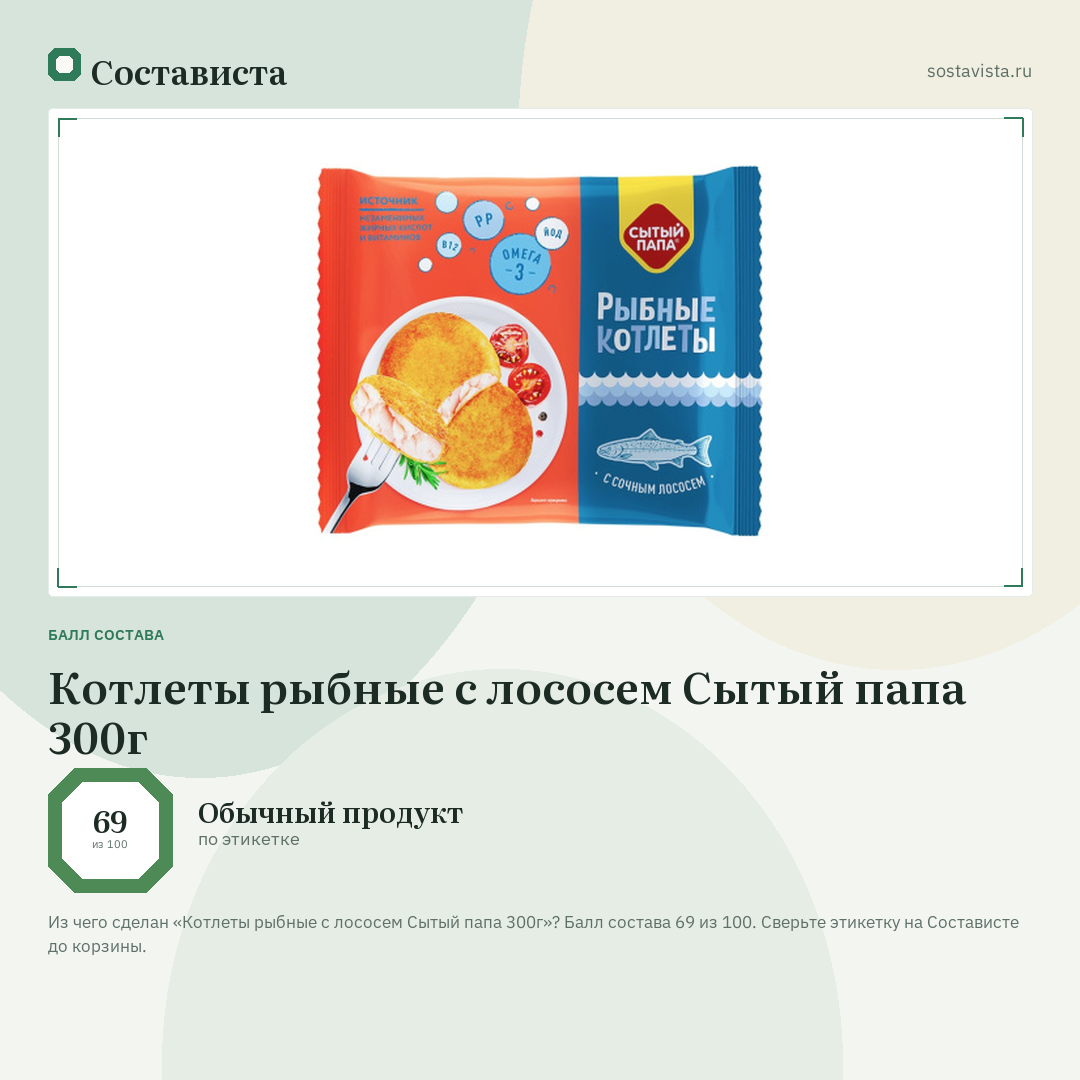 Котлеты рыбные с лососем Сытый папа 300г: балл состава 69 из 100 — Состависта