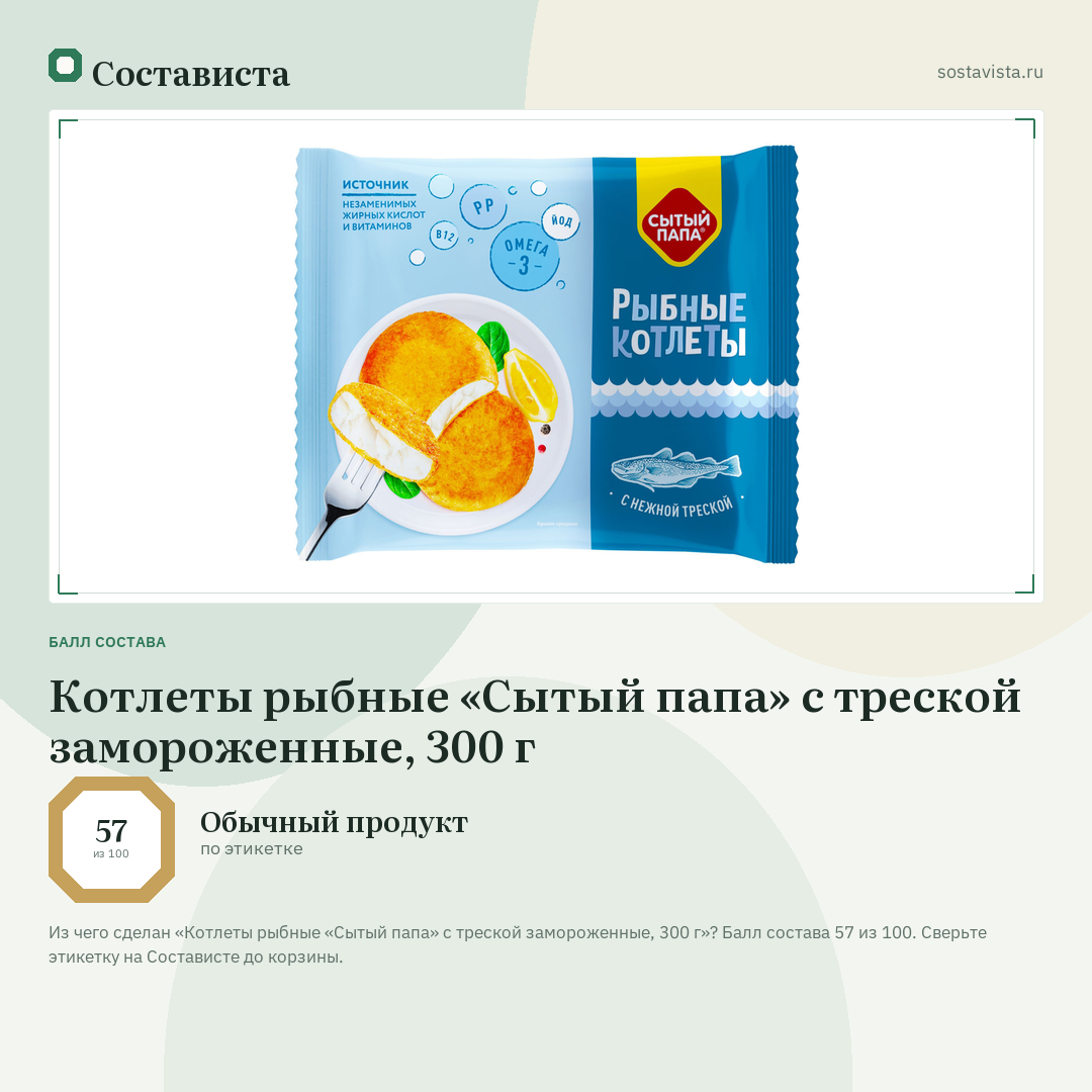 Котлеты рыбные «Сытый папа» с треской замороженные, 300 г: балл состава 57 из 100 — Состависта