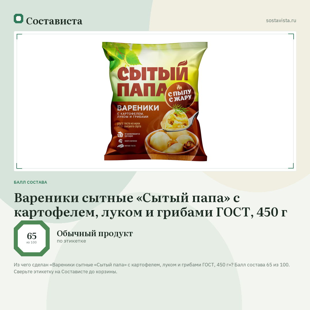 Вареники сытные «Сытый папа» с картофелем, луком и грибами ГОСТ, 450 г: балл состава 65 из 100 — Состависта