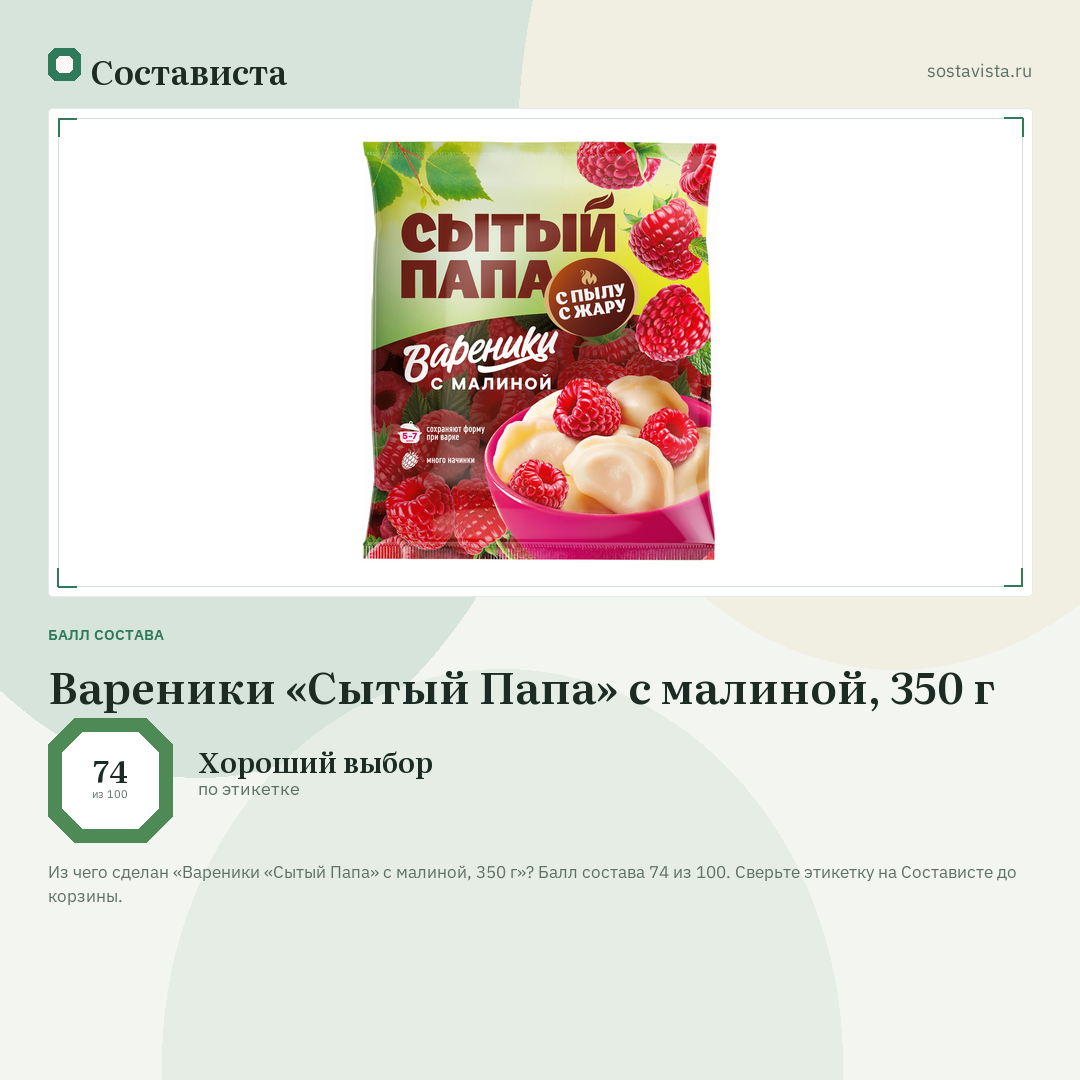 Вареники «Сытый Папа» с малиной, 350 г: балл состава 74 из 100 — Состависта