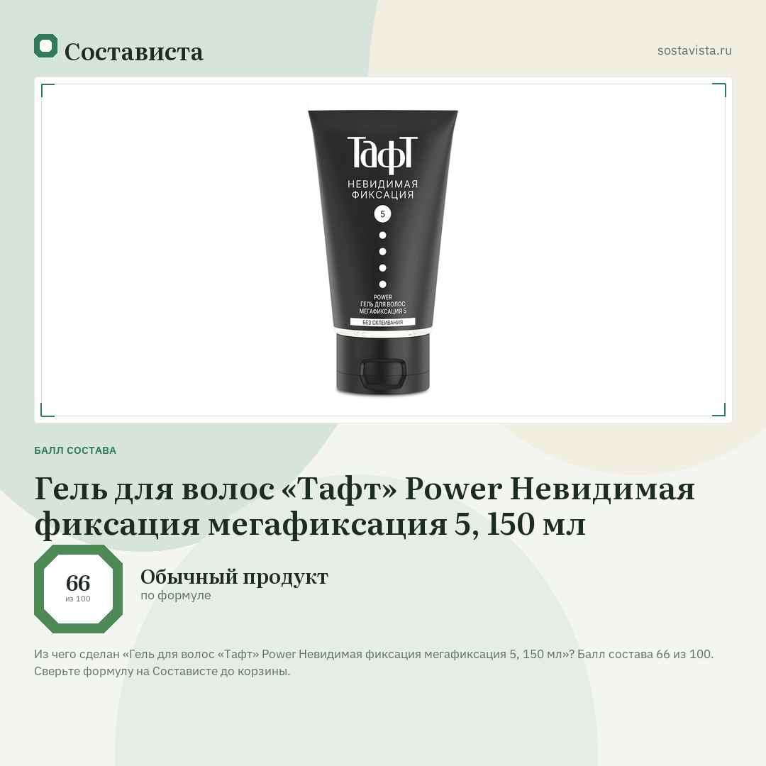 Гель для волос «Тафт» Power Невидимая фиксация мегафиксация 5, 150 мл: балл состава 66 из 100 — Состависта