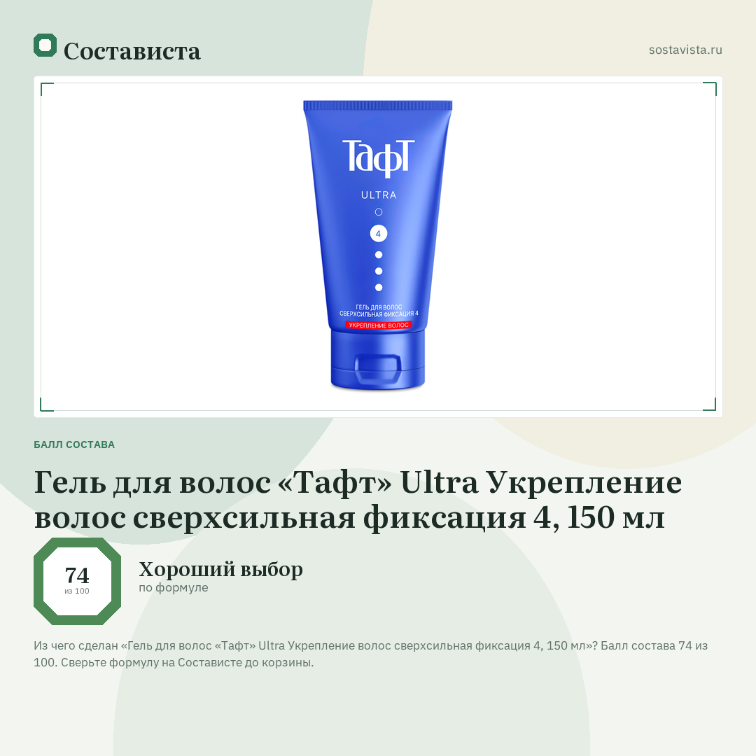 Гель для волос «Тафт» Ultra Укрепление волос сверхсильная фиксация 4, 150 мл: балл состава 74 из 100 — Состависта