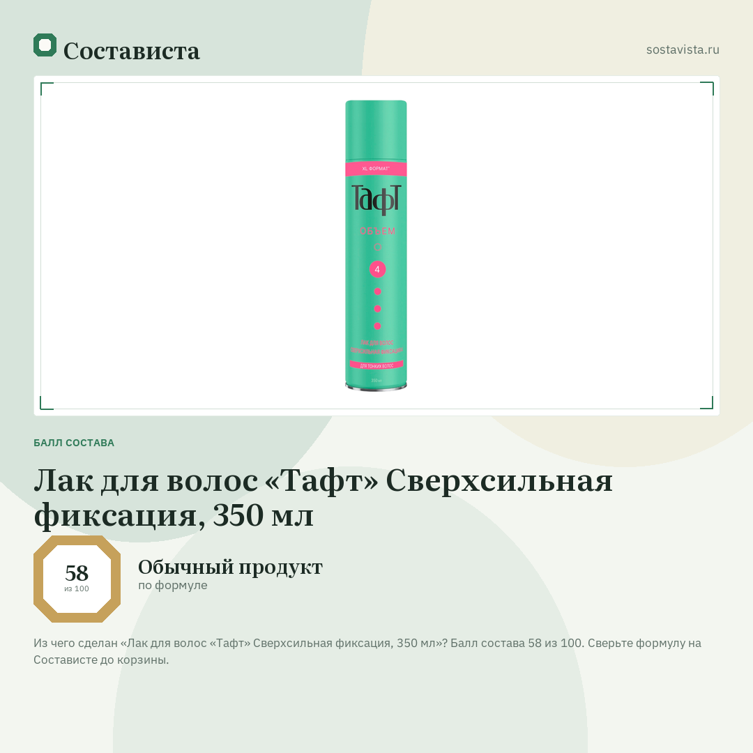 Лак для волос «Тафт» Сверхсильная фиксация, 350 мл: балл состава 58 из 100 — Состависта