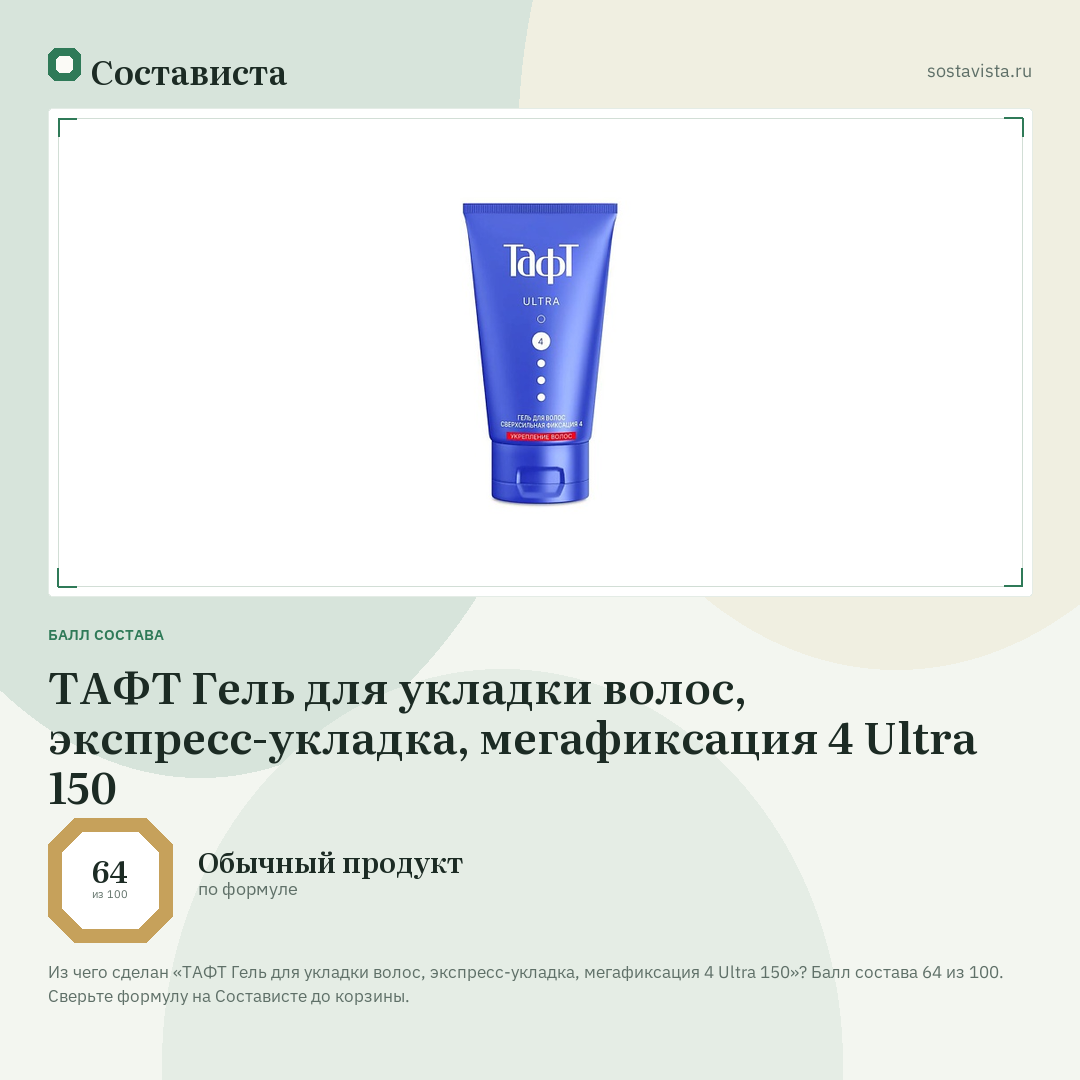 ТАФТ Гель для укладки волос, экспресс-укладка, мегафиксация 4 Ultra 150: балл состава 64 из 100 — Состависта