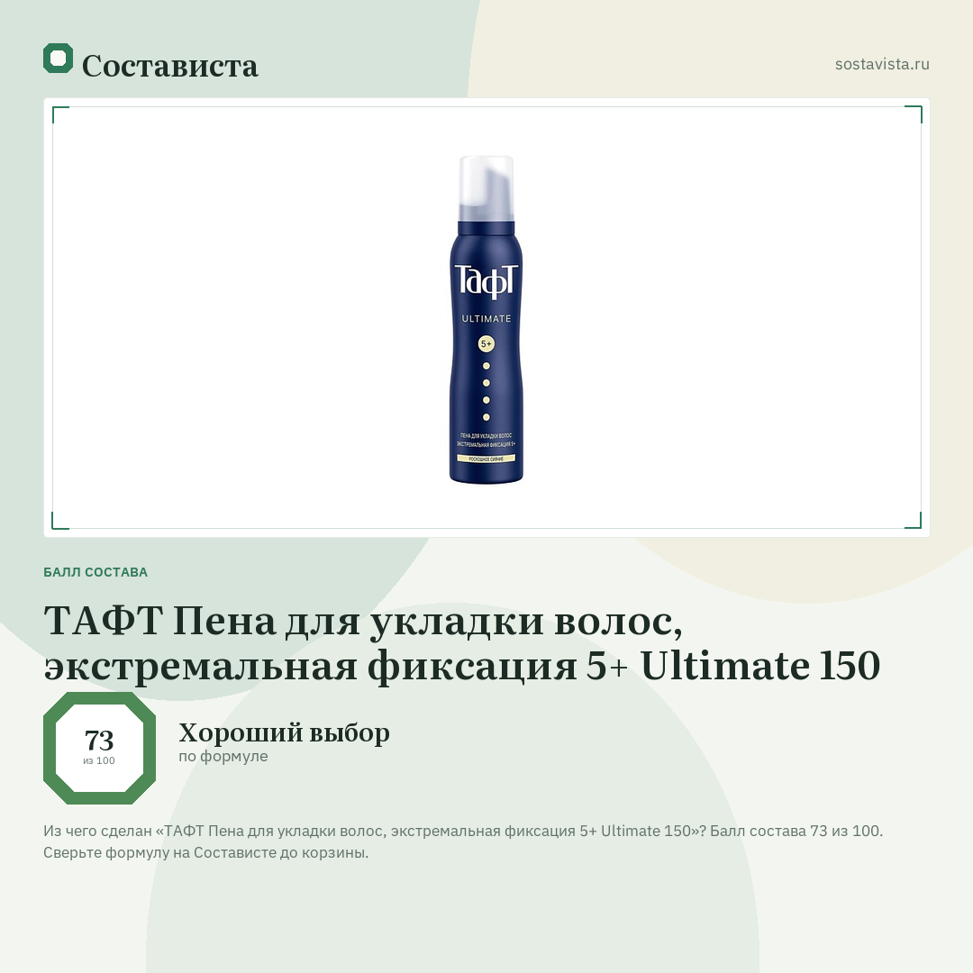 ТАФТ Пена для укладки волос, экстремальная фиксация 5+ Ultimate 150: балл состава 73 из 100 — Состависта