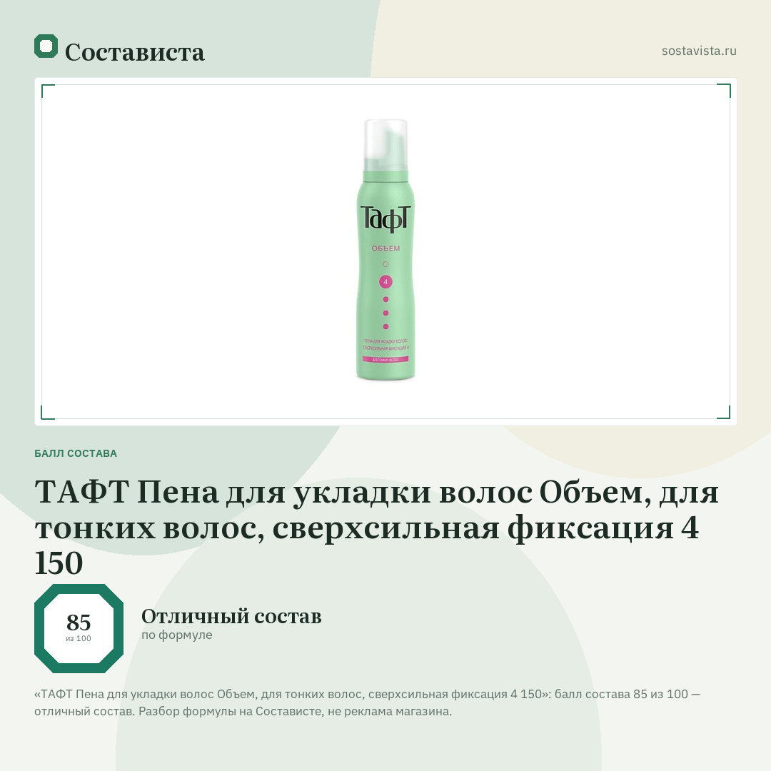 ТАФТ Пена для укладки волос Объем, для тонких волос, сверхсильная фиксация 4 150: балл состава 85 из 100 — Состависта