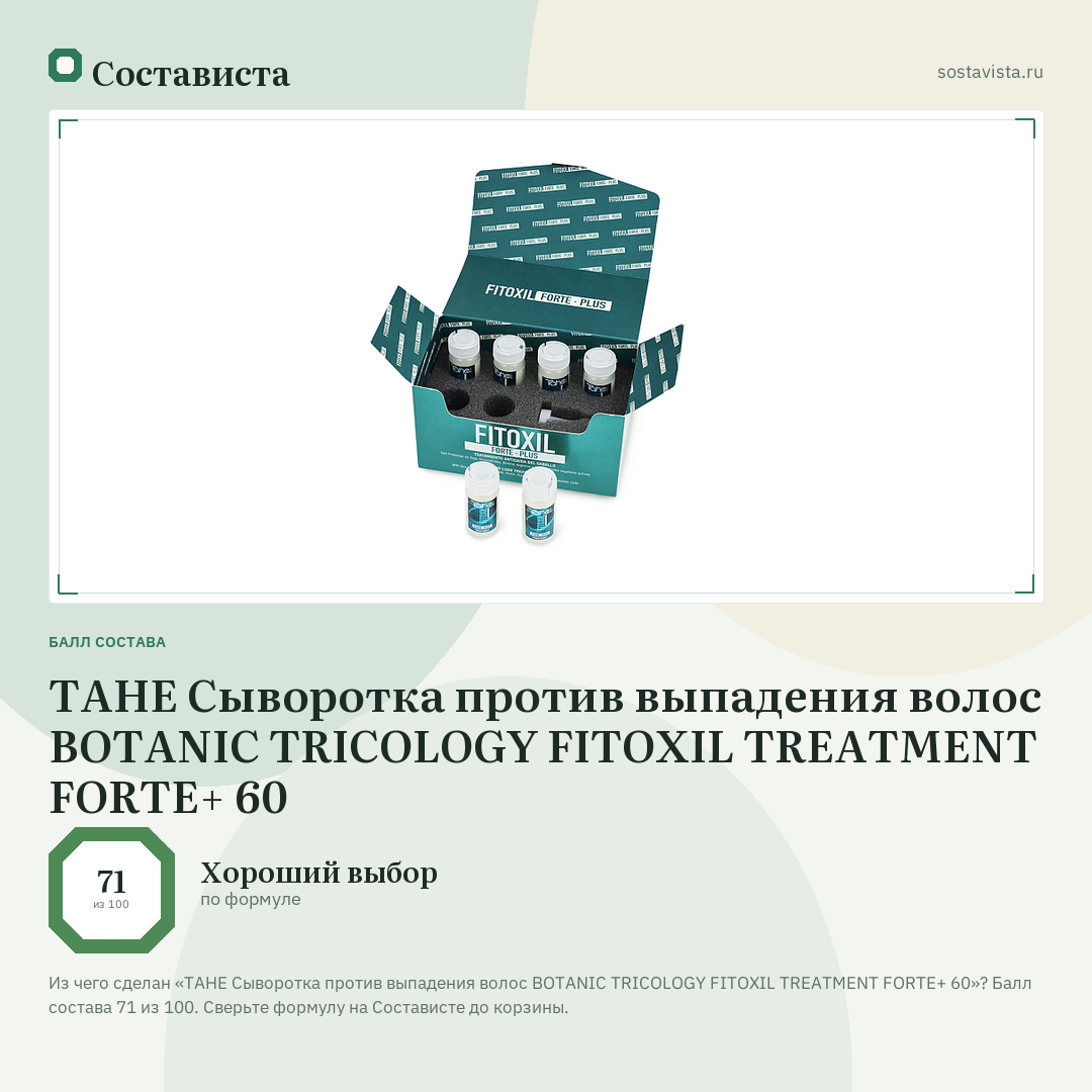 TAHE Сыворотка против выпадения волос BOTANIC TRICOLOGY FITOXIL TREATMENT FORTE+ 60: балл состава 71 из 100 — Состависта