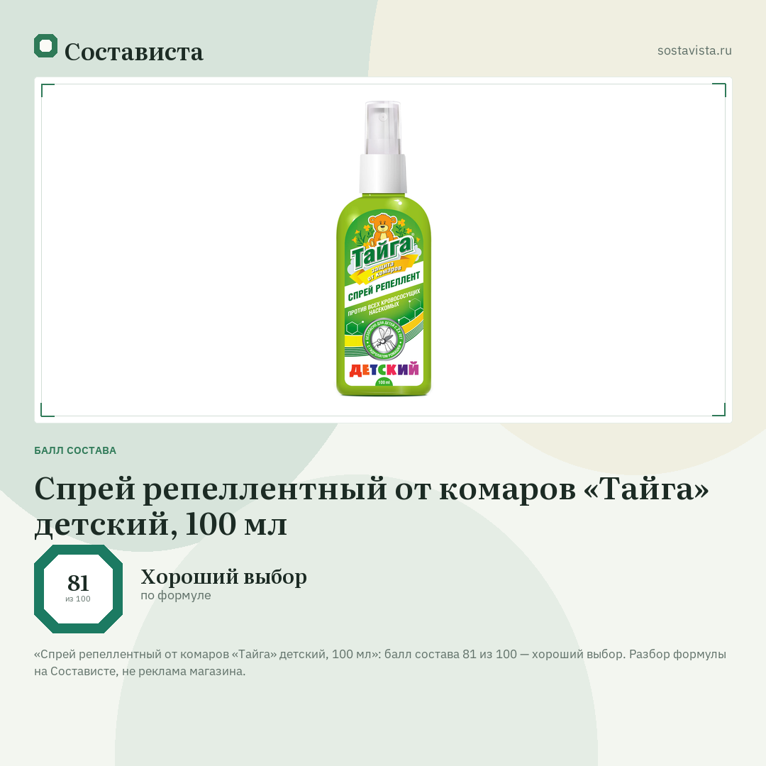 Спрей репеллентный от комаров «Тайга» детский, 100 мл: балл состава 81 из 100 — Состависта