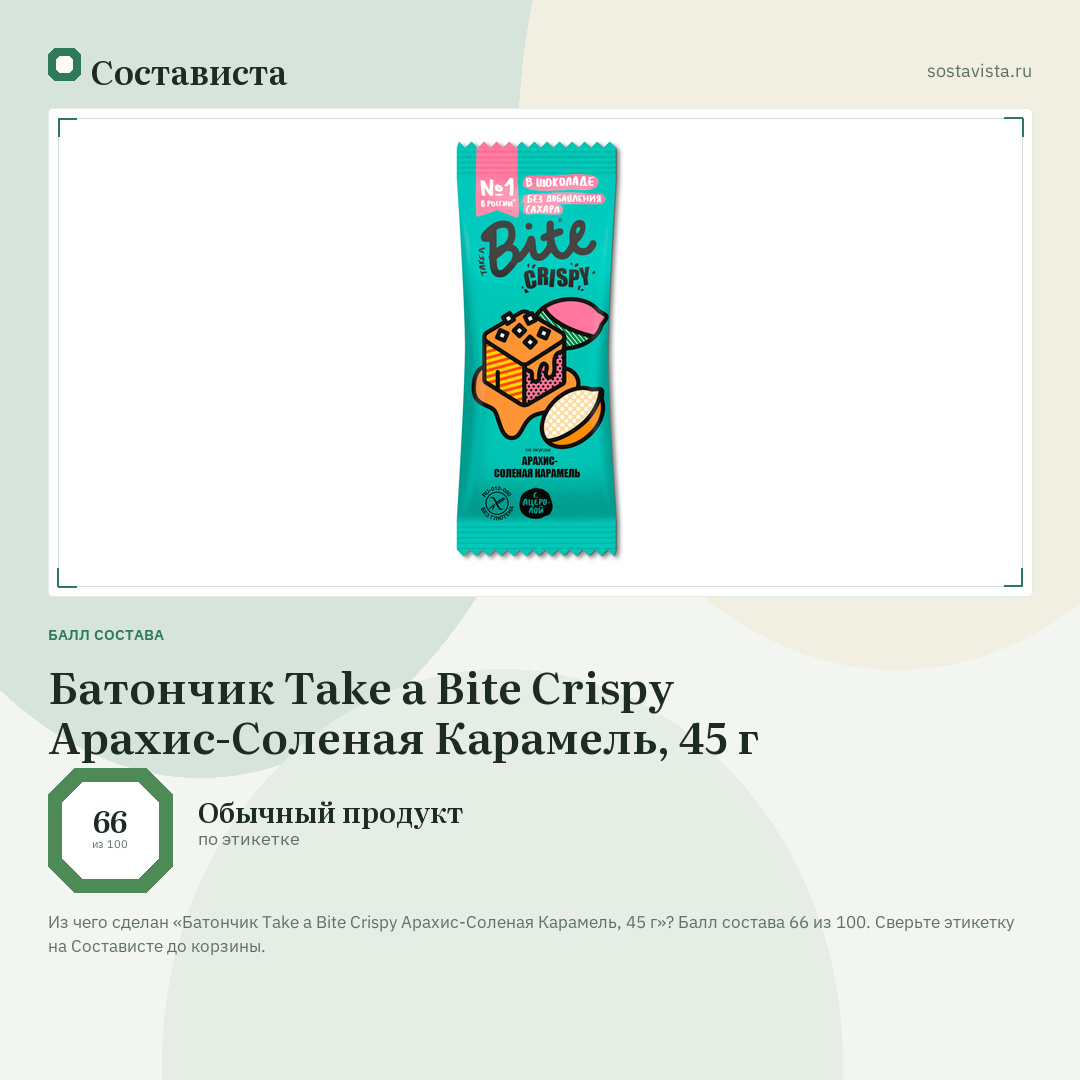 Батончик Take a Bite Crispy Арахис-Соленая Карамель, 45 г: балл состава 66 из 100 — Состависта