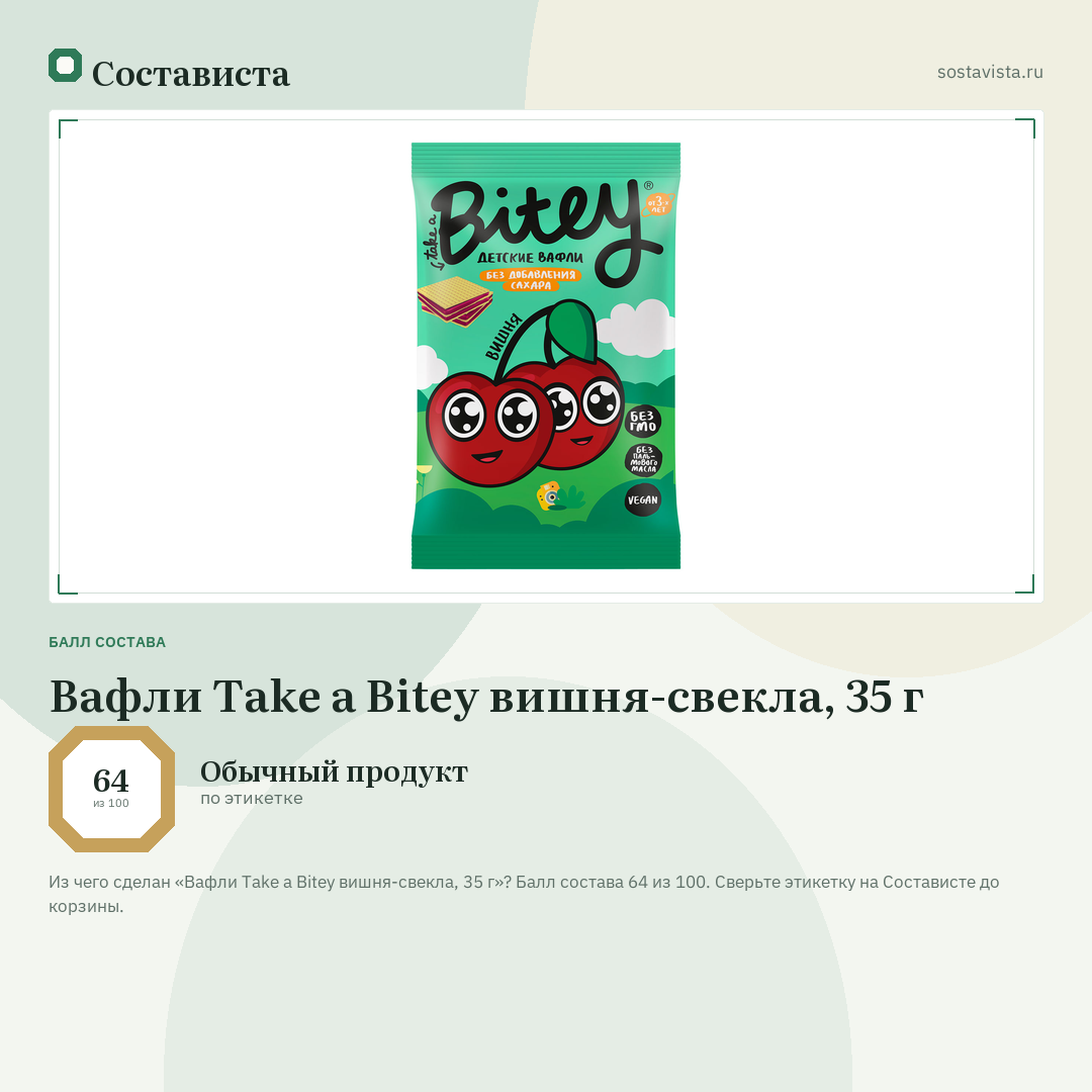 Вафли Take a Bitey вишня-свекла, 35 г: балл состава 64 из 100 — Состависта