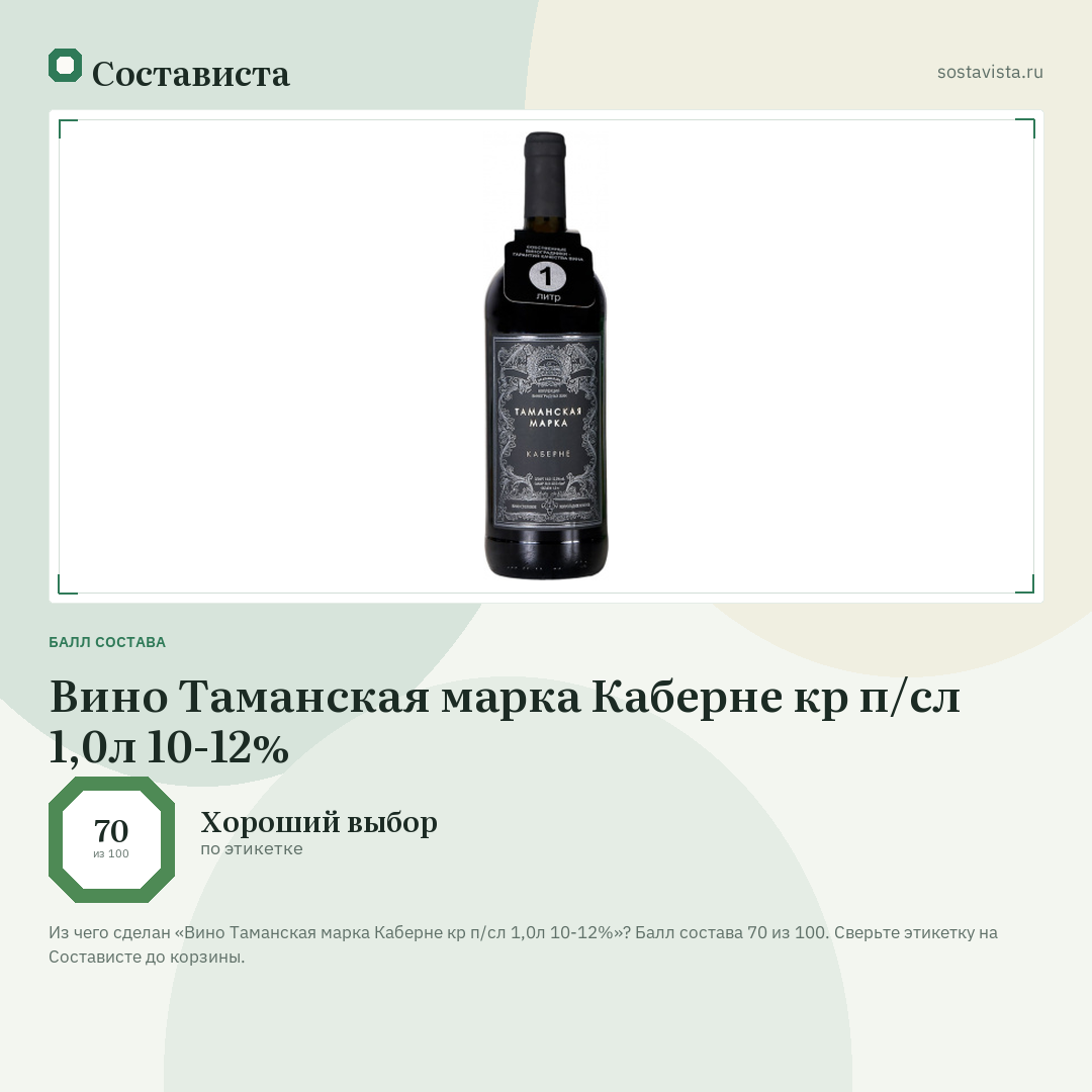 Вино Таманская марка Каберне кр п/сл 1,0л 10-12%: балл состава 70 из 100 — Состависта
