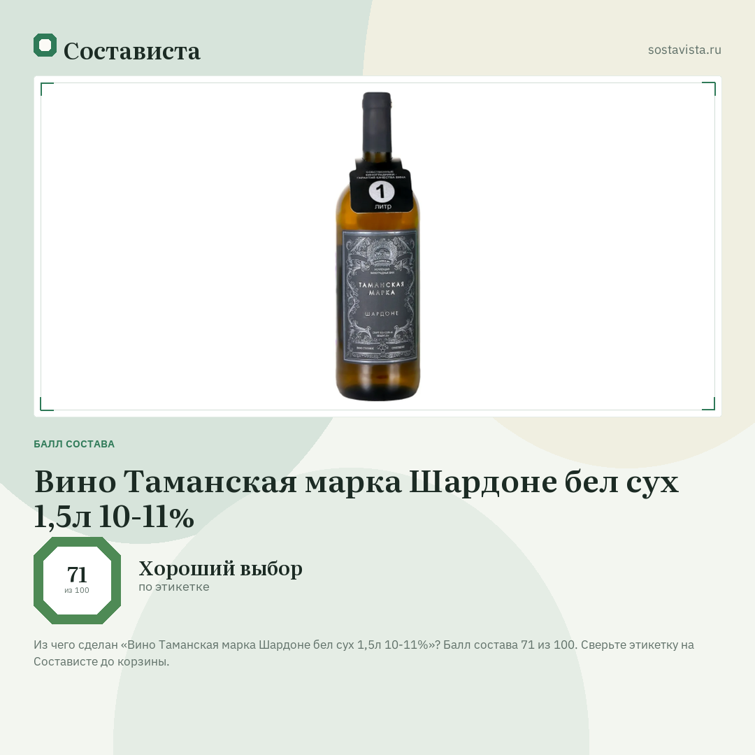 Вино Таманская марка Шардоне бел сух 1,5л 10-11%: балл состава 71 из 100 — Состависта