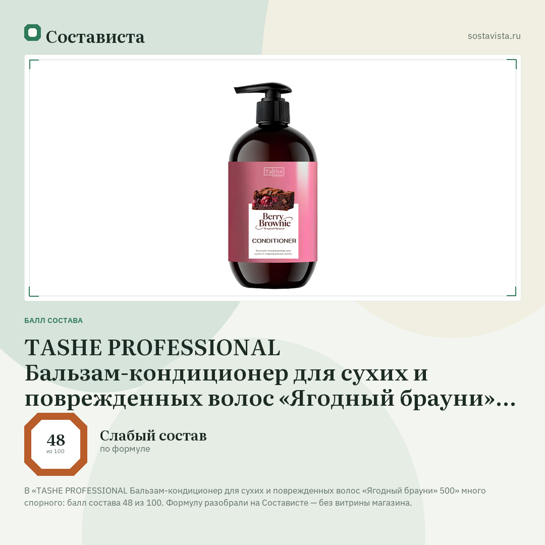 TASHE PROFESSIONAL Бальзам-кондиционер для сухих и поврежденных волос «Ягодный брауни» 500: балл состава 48 из 100 — Состависта