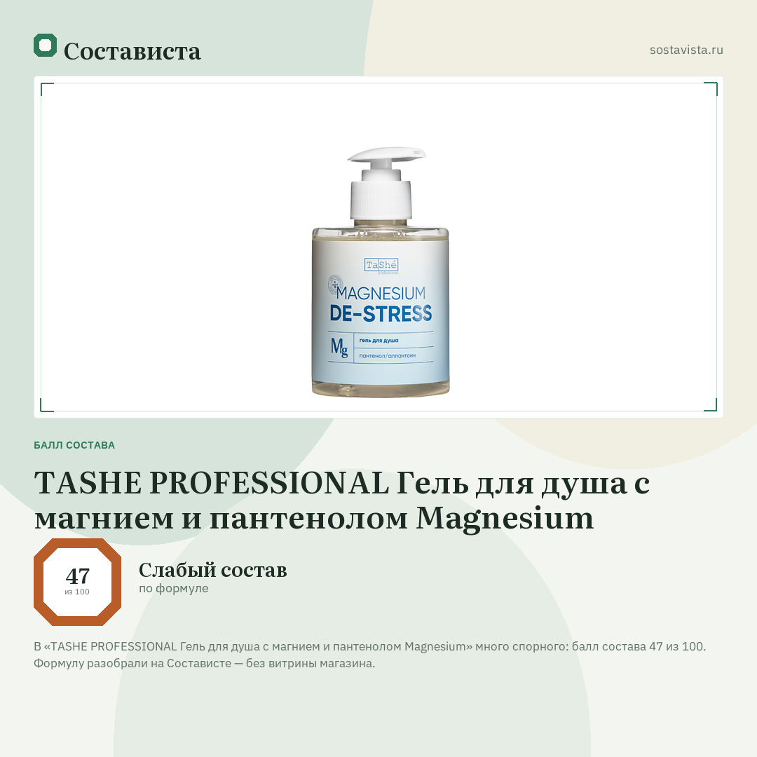 TASHE PROFESSIONAL Гель для душа с магнием и пантенолом Magnesium: балл состава 47 из 100 — Состависта