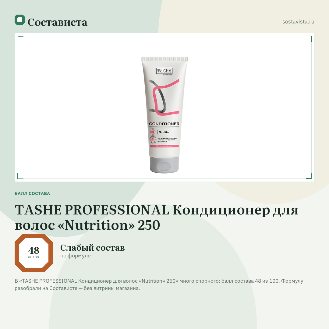 TASHE PROFESSIONAL Кондиционер для волос «Nutrition» 250: балл состава 48 из 100 — Состависта