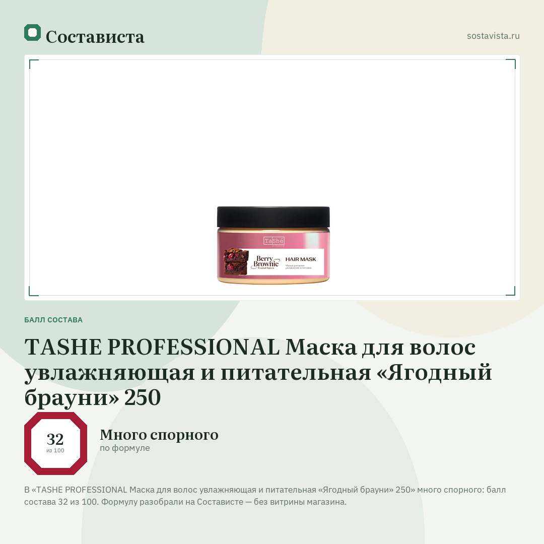 TASHE PROFESSIONAL Маска для волос увлажняющая и питательная «Ягодный брауни» 250: балл состава 32 из 100 — Состависта