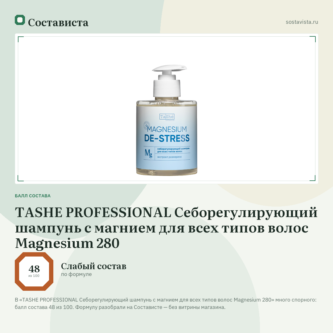 TASHE PROFESSIONAL Себорегулирующий шампунь с магнием для всех типов волос Magnesium 280: балл состава 48 из 100 — Состависта