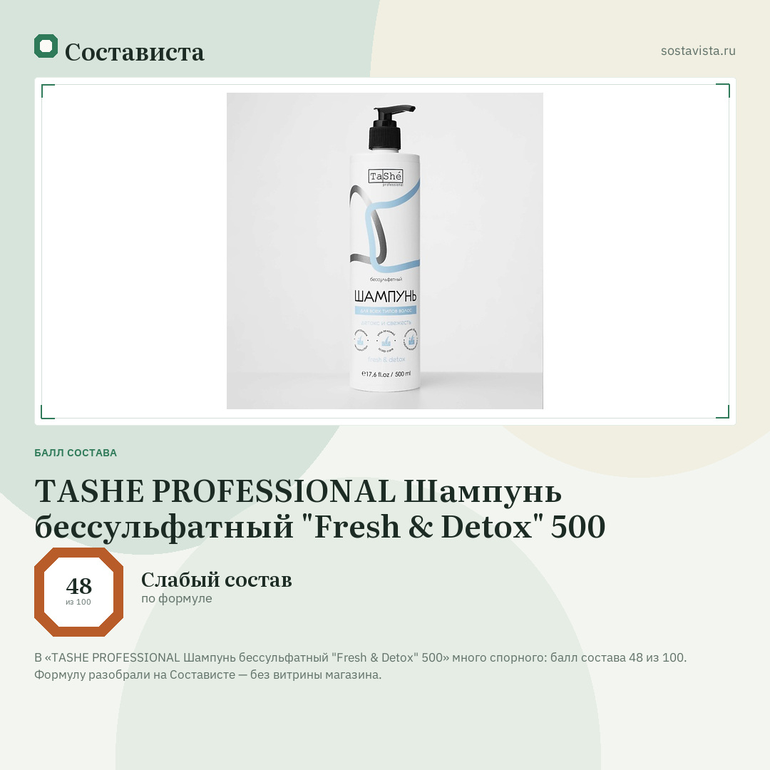 TASHE PROFESSIONAL Шампунь бессульфатный "Fresh & Detox" 500: балл состава 48 из 100 — Состависта