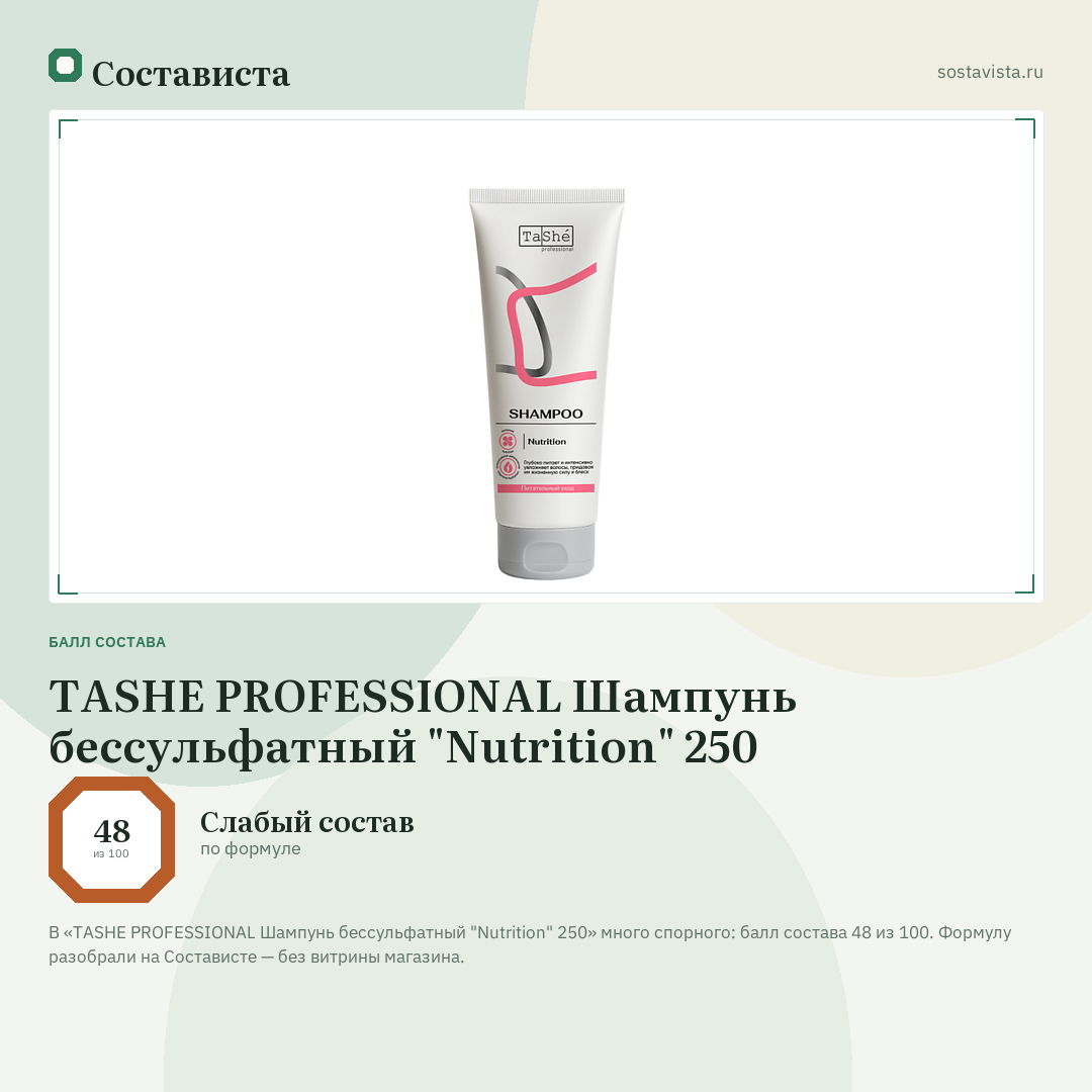 TASHE PROFESSIONAL Шампунь бессульфатный "Nutrition" 250: балл состава 48 из 100 — Состависта