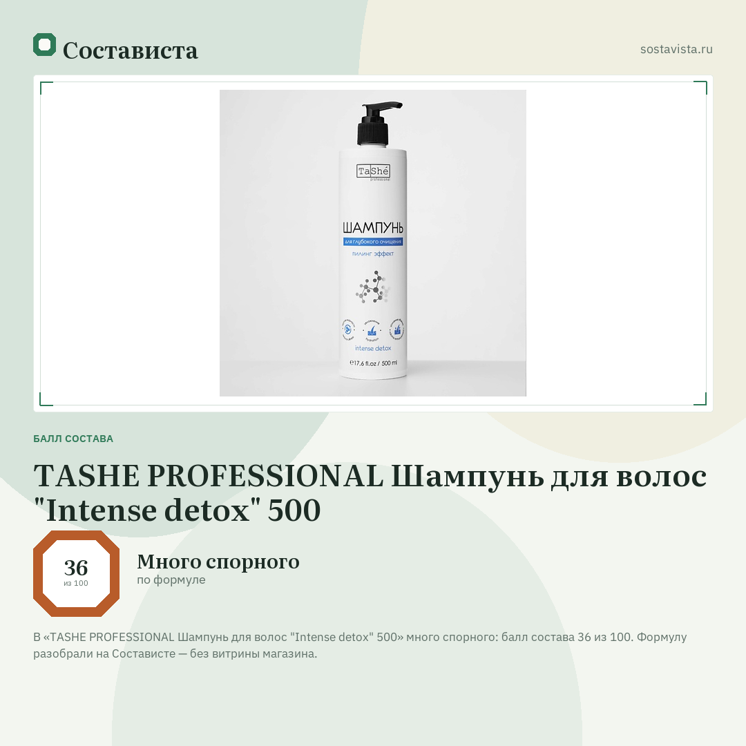 TASHE PROFESSIONAL Шампунь для волос "Intense detox" 500: балл состава 36 из 100 — Состависта